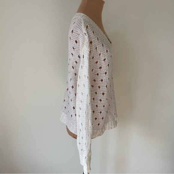 NHBT White Circle Open Knit 100% Linen V-Neck Sweater EUC Size Small - Picture 4 of 8